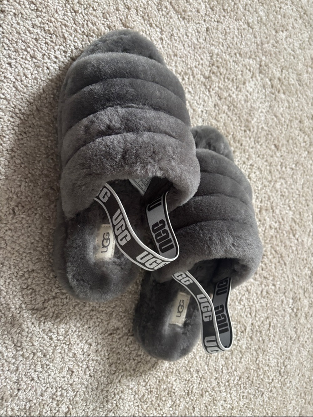 UGG Charcoal Plush Slider with Logo Strap